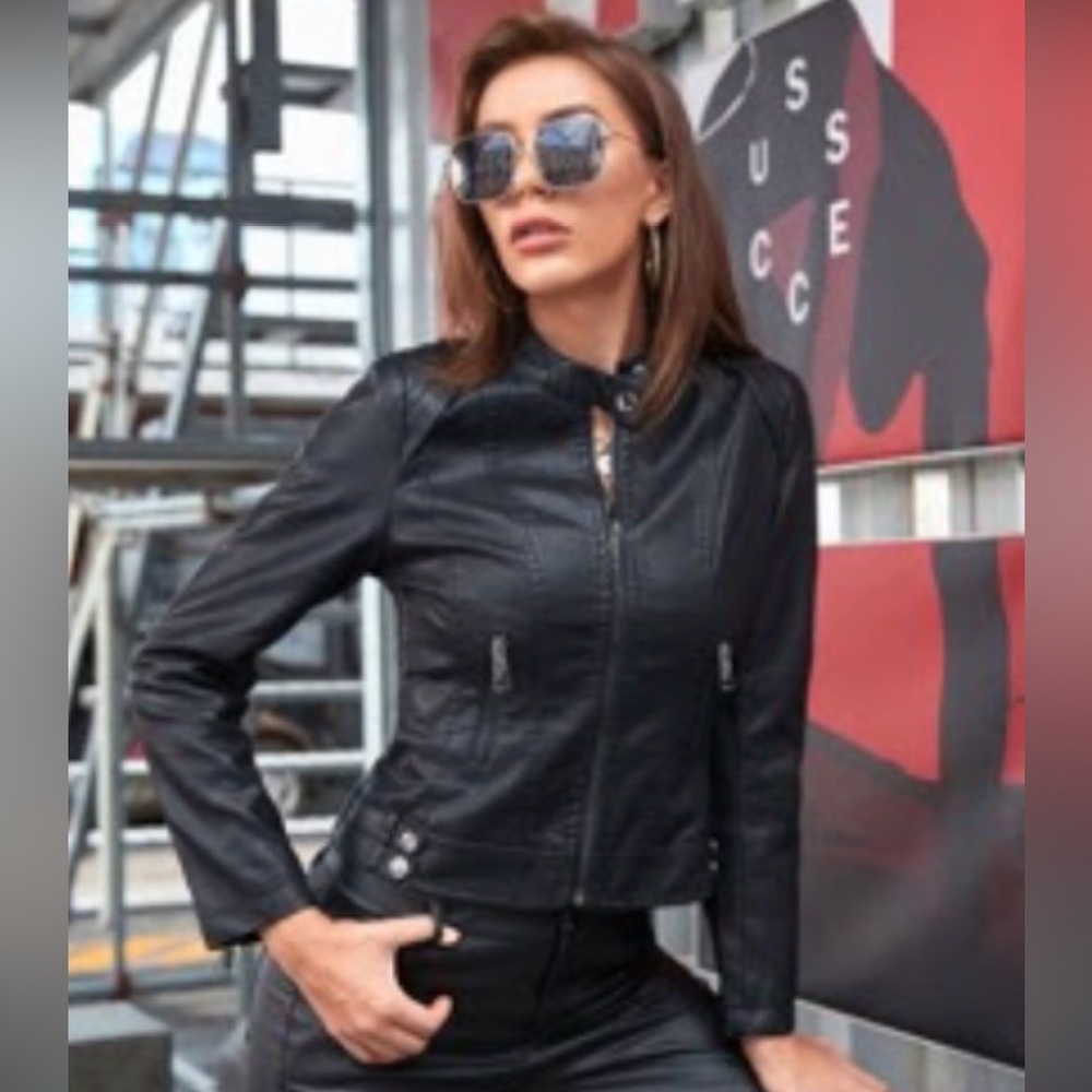 Apperloth A Zip Detail PU Leather Moto Jacket